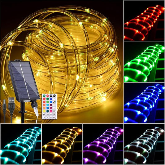 Solar Rope Lights Outdoor Waterproof, 49Ft 150 LED String Light Fairy Solar Powered & USB with Remote, 18 Colors Changing Trampoline Lighting for Outside Garden Patio Home Christmas Decoration