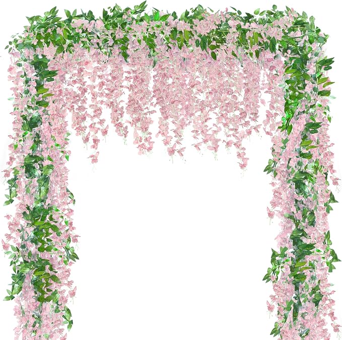 Sggvecsy 6Pcs Wisteria Garland Artificial Flowers Garland Fake Hanging Wisteria Vines Rattan Silk Hanging Flower Vines for Home Garden Outdoor Wedding Arch Party Ceremony Total 35.4Ft (Pink)