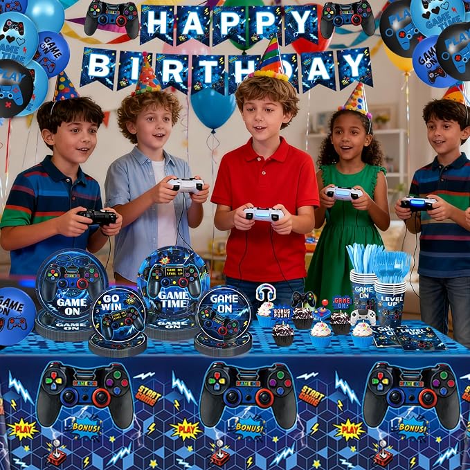 Video Game Birthday Decorations Includes Plates, Napkins, Cups, Cutlery, Cake & Cupcake Toppers, Banner, Hanging Swirls, Tablecloths, Balloons for Boys Gamer Birthday Party Decorations, Serves 24