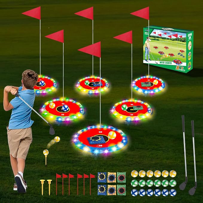 TERRAMUS Glow in the Dark Golf & Toss Game, 2 in 1 LED Target Set with 2 Clubs, 18 Balls, 6 Bean Bags, Outdoor Indoor Backyard Toy for Kids Ages 4 5 6 7 8, Birthday Gifts for Boys Girls