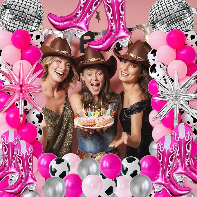 2 Sets Disco Cowgirl Balloon Column Stand Kits Adjustable Pink Balloons with Disco Ball Explosion Star Cowgirl Boot Themed Tower Stand Kit for Western Party My First Rodeo Baby Shower Decorations