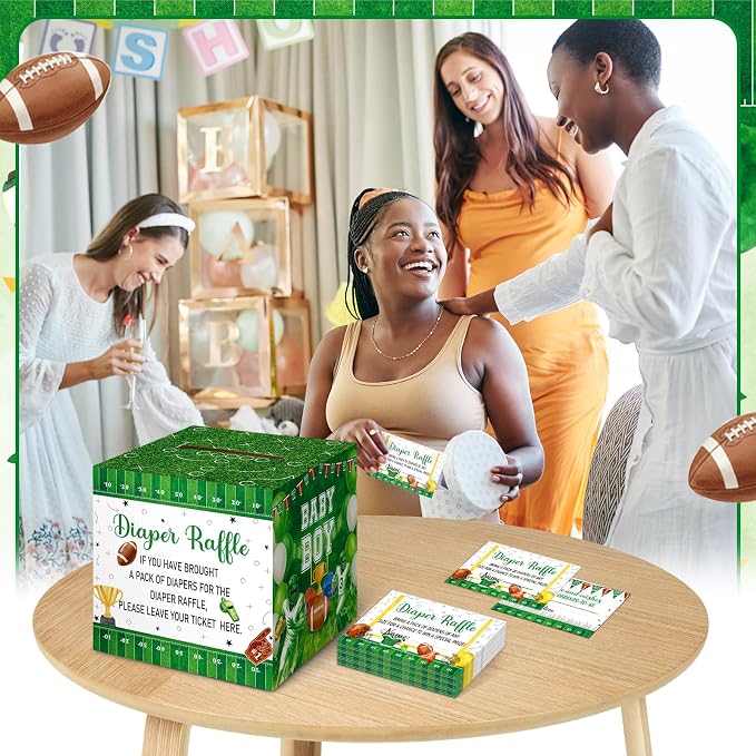 Teling 51 Pieces Diaper Raffle Tickets with Card Baby Shower Decorations Gender Reveal Holder Box for Girl Boy Diaper Raffle Party (Football Touch Down It's A Boy)