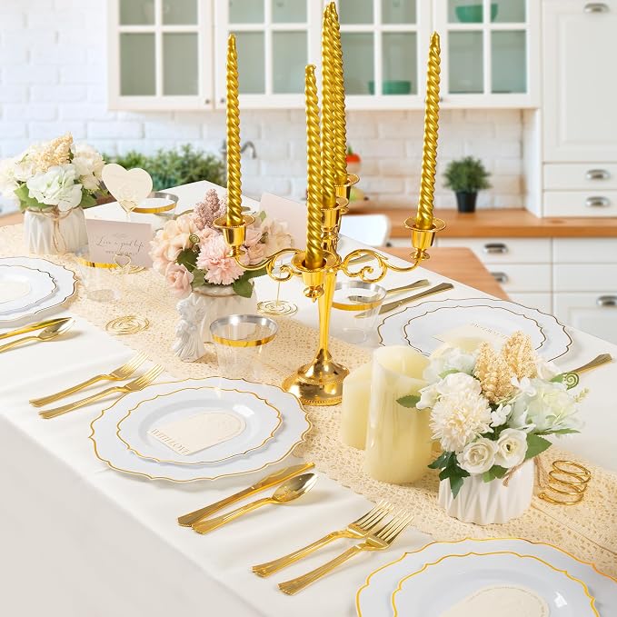 100 PCS Gold Dessert Plastic - 7.5 inch White & Gold Plastic for Party Cake Plates Elegant Heavy Duty Disposable Plates for Wedding & Party
