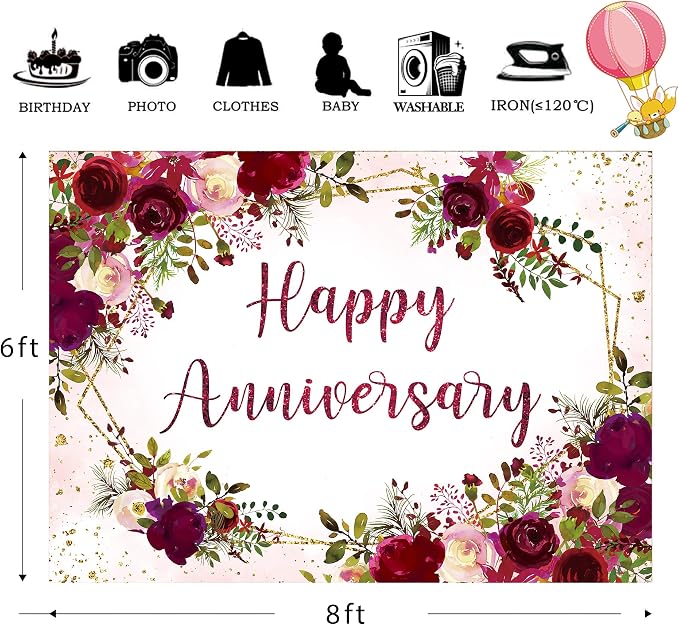 Happy Anniversary Backdrop 8Wx6H Feet Polyester Fabric Elegant Burgundy Floral Watercolor Rose Plant Green Leaves Gold Glitter Decoration Romantic Photography Background Photo Shoot Props