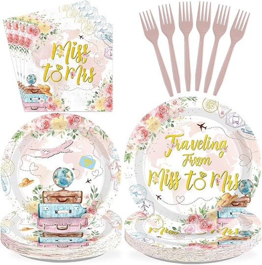 96Pcs Traveling Bachelorette Party Decoration Traveling Adventure Plates and Napkins Flower World Map Disposable Tableware Set for Bachelorette Engagement Wedding Bridal Party Supplie Serves 24