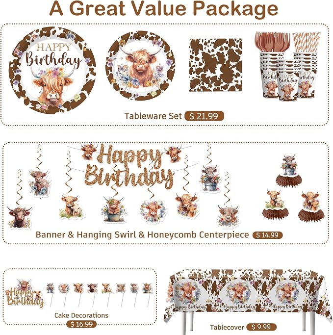 197pcs Brown Cow Birthday Decorations Include Tableware Set, Banner, Hanging, Tablecloth, Balloon, Cupcake Topper, Centerpiece, for Western Farm Animals Kids Birthday Baby Shower, Serves 25