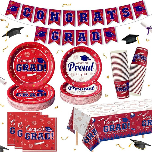 Graduation Plates and Napkins Set Serve 50, Class of 2026 Graduation Party Dinnerware Set, Red and Blue Disposable Paper Plates Napkins Banner Tablecloth for Graduation Congrats Grad Party Supplies