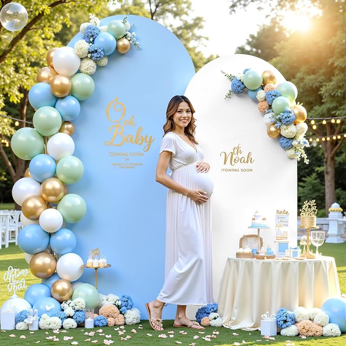 7.2FT 6FT Arch Backdrop Cover for Wedding, Set of 2 Stretchy Spandex Fitted Arch Stand Cover for Baby Shower, Birthday Party Decor, Chiara Backdrop Cover with Double-Sided Design(White, Blue)