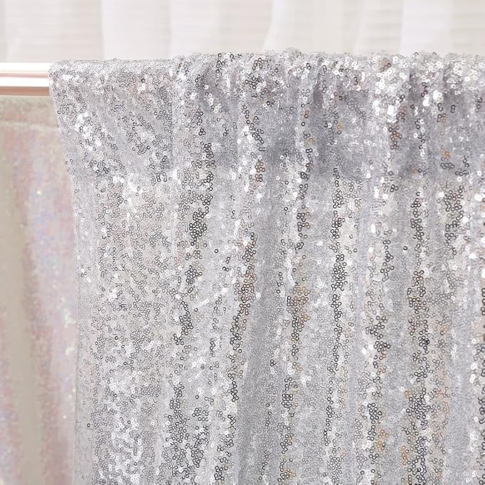 Poise3EHome Silver Sequin Backdrop Curtains,2ft x 8ft Sequin Photography Backdrop Curtain 2 Panels for Party Decoration