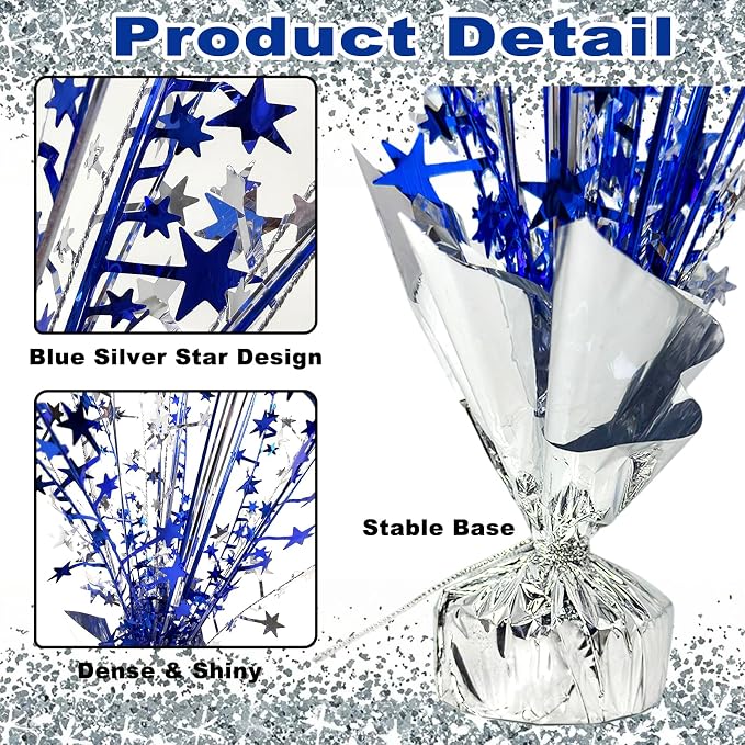 6 Pack Metallic Foil Spray Table Centerpiece Decoration Star Brust Glitter Table Topper Decor for Birthday Graduation Holiday Christmas New Year's Eve Celebration Party Supplies Blue Silver