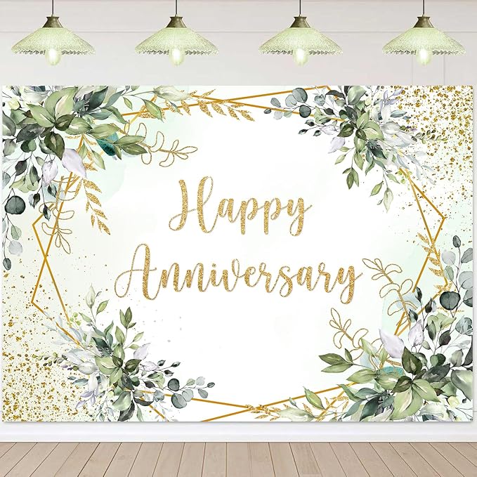 Withu Happy Anniversary Backdrop Sign Decorations Banner Sage Green Gold Photography Background Leaves Marriage Memorial 10 Years 25th 30th 40th 50th 60th Wedding Day Backdrops 6x4ft