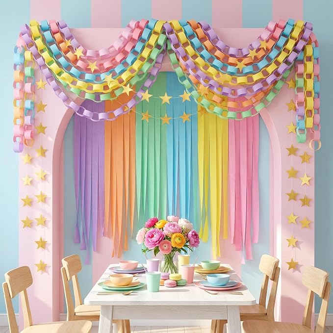700 Sheet Macaron Paper Chain Strips and Star Garland Set, Pastel Paper Chains and 52 ft Gold Star Decor with 492 ft Crepe Paper Streamer for DIY Colorful Craft Birthday Wedding Theme Party