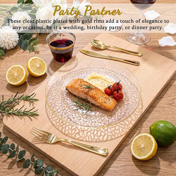 175PCS Clear Plastic Plates for 25 Guests, Disposable Plates for Party, Heavy Duty Disposable Plate Set Include: 25 Dinner Plates, 25 Dessert Plates, 25 Cups and Cutlery for Wedding & Party