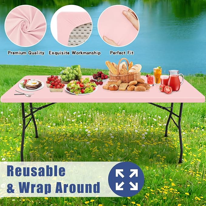 Moosfor Spandex 8 Foot Rectangle Table Cloth 6 Pack, Elastic Fitted Tablecloths for Picnic, Stretch Washable Patio Table Cover for Outdoor, Camping, Banquet and Parties (Pink, 30"x96")