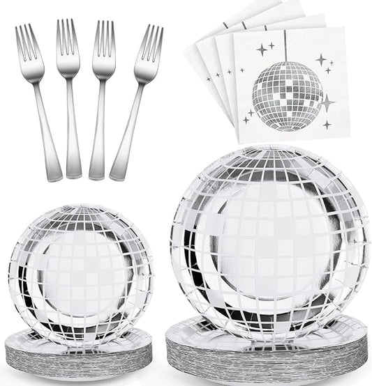 Tanlade 200 Pcs Disco Ball Party Supplies Disco Plates and Napkins Silver Tableware Set for 70s 80s 90s Birthday Rock Roll Dance Music Party 50 Guests