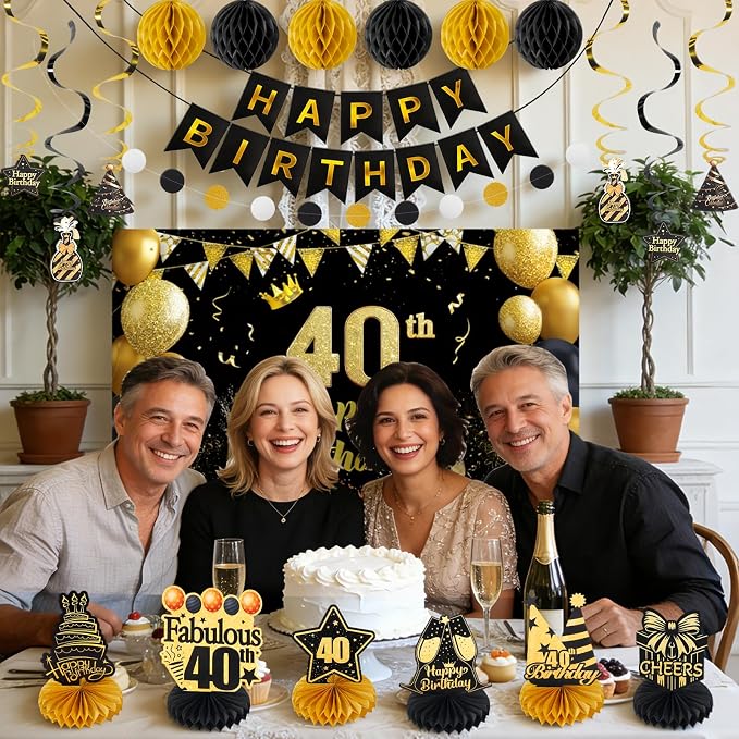 Happy 40th Birthday Party Decoration: Including Birthday Banner Backdrop, Party Table Centerpieces and Hanging Swirl Party Streamers, Birthday Decor for Men and Women (Gold/Black, 40th Birthday)