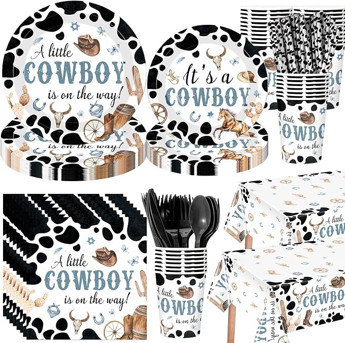 Funnymoom 452 Pcs Cowboy Baby Shower Party Decorations Include a Little Cowboy Is on the Way Paper Plates Napkins Cups Tablecloth Cutlery Straws for girl Girl Baby Shower Party Supplies