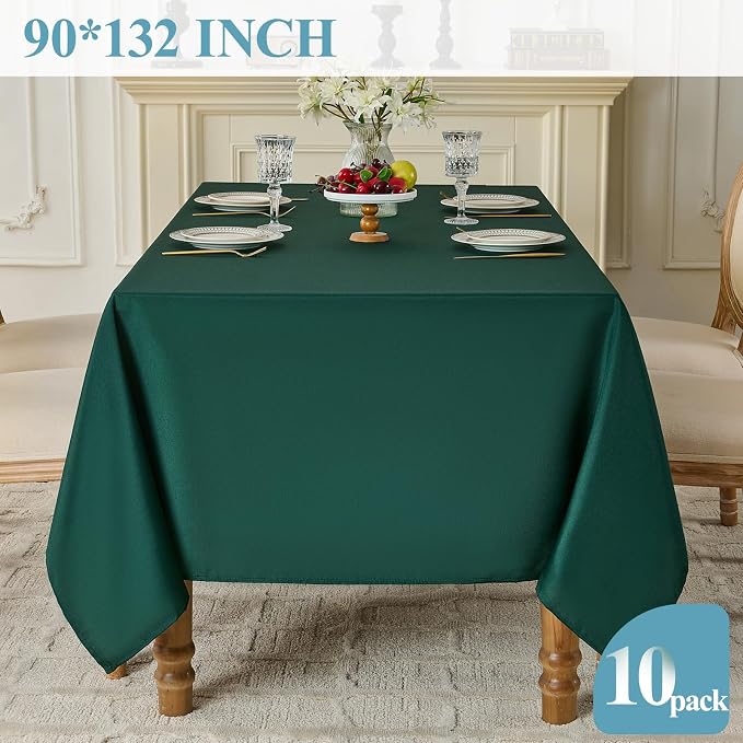 VidaFete Tablecloth 10 Pack 90 * 132inch Rectangle Table Cloth Polyester, Stain Wrinkle Resistant Polyester Dining Table Cover for Kitchen Dinning Party Wedding Rectangular Buffet Decoration(Green)