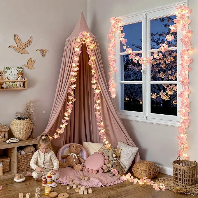 JMEXSUSS Cherry Blossom Lights Battery Operated, 15.75 FT 48 LED Pink Flower Garland with Lights, Artificial Flower Vines Garland for Gackdrop Spring Wedding Bedroom Classroom Indoor Decor