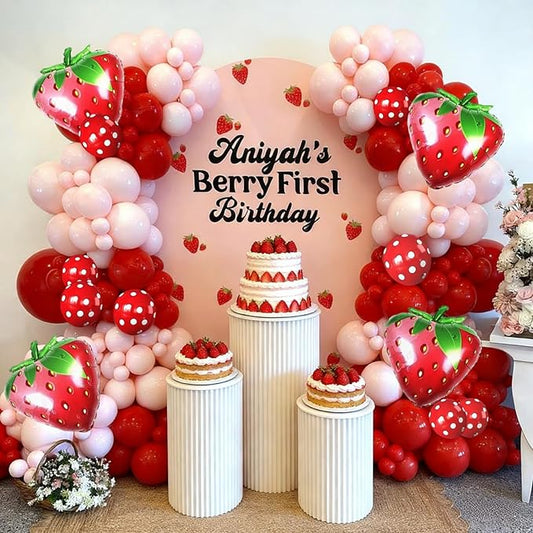 121 Pcs Strawberry Balloon Arch Garland Kit - Red and Pink Balloons Arch with Strawberry Foil Berry First Birthday Decor Balloons for Sweet Strawberry Themed Birthday Party Baby Shower Decorations