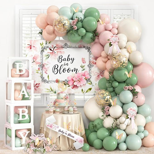 201Pcs Baby in Bloom Baby Shower Decorations for Girl, Mom Dad Pin/Sash,Headband,Cupcake Cake Topper,Backdrop,Box,Balloons Arch,Butterfly Decor, Floral wildflower Baby Shower Decor Supplies