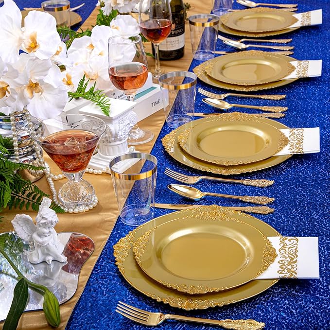 Morejoy 175PCS Solid Gold Plastic Plates with Gold Rim, Disposable Dinnerware Sets Include 25 Dinner Plates,25 Dessert Plates,25 Cutlery Sets,25Cups,25 Napkins Perfect for Party & Wedding