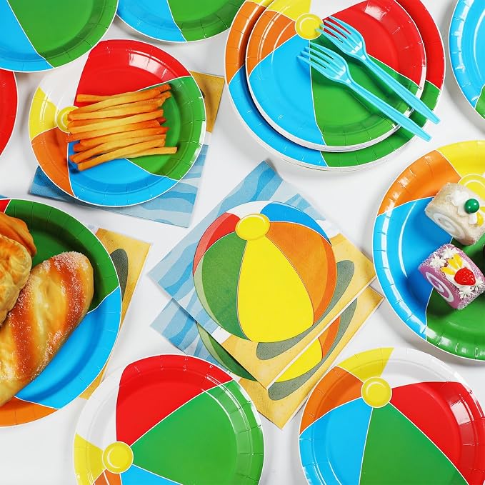 Qyeahkj 50 Guests Beach Pool Ball Party Plates and Napkins Tableware Set Summer Pool Beach Birthday Party Dinnerware Supplies Favors Decorations for Hawaiian Camp, 200PCS