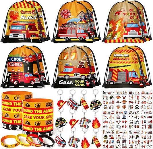 SNLN Fire Truck Party Favors Birthday Supplies, Firefighter Drawstring Bag Keychain Silicone Bracelet Tattoo Sticker, Firetruck Birthday Party Goodie Bag Stuffers Fillers Classroom Rewards for Kid