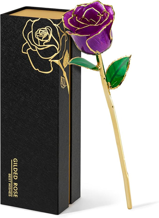 Mikasol Real 24K Gold Dipped Realistic Rose – Timeless Lifelike Bloom with Heart Puzzle Base – Romantic Purple Flower Gift for Her, Wife, Girlfriend, Mom – Birthday, Anniversary, Mother’s Day (Purple)