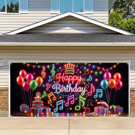 Neon Birthday Garage Door Banner 7x16ft Glow in Dark - Colorful Music Notes & Balloon Backdrop,Glow Party Decor for Adults,Photo Booth Background