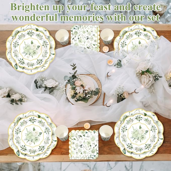 Funnymoom 250 Pcs Floral Party Decorations Flower Paper Plates Napkins and Cups Green and Gold Floral Disposable Tableware Set for Bridal Shower Baby Shower Wedding Spring Tea Party Supplies Serves 50