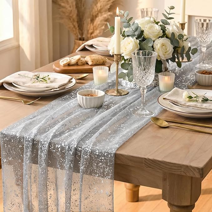 Artoid Mode 6PC Grey Gold Gauze Table Runner 120 Inch 10FT, Glitter Metallic Foil Sheer Dining Wedding Anniversary Holiday Birthday Table Decor for Home Party