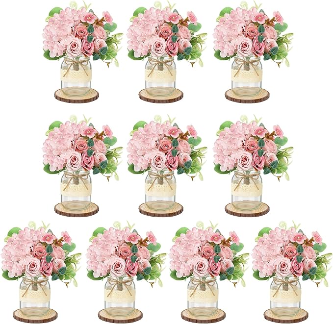 Set 10 Mason Jar Table Centerpiece - Wedding Centerpieces for Tables, Mason Jar Flower Vases Decor- Boho Farmhouse Rustic for Engagement, Bridal Shower, Wedding, Versatile Decor (Pink)