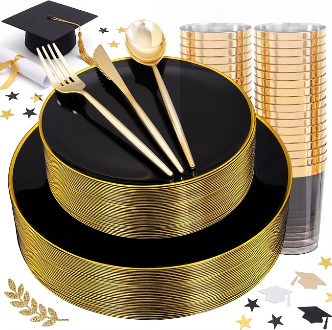 ejonirinjonir EI 180pcs Black Plastic Plates Black and Gold Disposable Plates Gold Plastic Dinnerware Set Silverware and Cups for Birthday,Wedding,Festival,Party,Graduation Decorations,Business Event