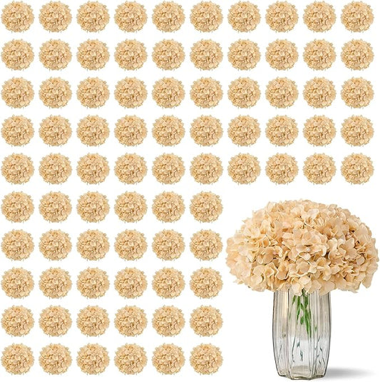 100 PCS Champagne Hydrangea Artificial Flowers, Silk Full Flowers Heads with Stems for Wedding Centerpieces, Home, Garden, Baby Shower, Party Decoration