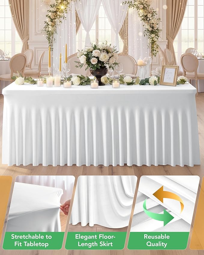 4 Pack Spandex Table Cover Skirts for 4 ft Rectangle Tables, White Stretch Table Cloths with Floor-Length Ruffle, Elastic Fitted Skirted Tablecloth for Elegant Wedding Banquet Party Buffet Decoration