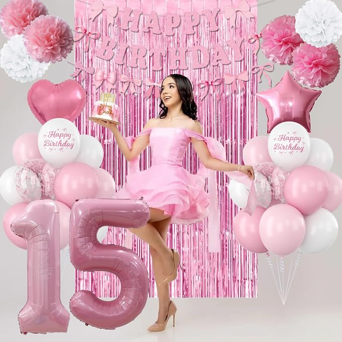 15th Birthday Decorations for Girls Pink Number 15 Balloon Bow Coquette Happy Birthday Banner Fringe Curtain Paper Pom Poms Star Heart Foil Pink White Balloons 15 Year Old Party Decor