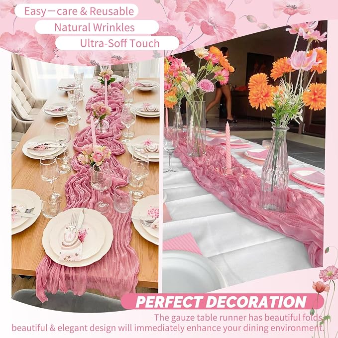 30 Pack Dusty Rose Cheesecloth Table Runner 17 x 108 inch Boho Gauze Table Runner Rustic Sheer Cheese Cloth Table Decorations for Wedding Party Baby Bridal Shower Birthday Holiday Home