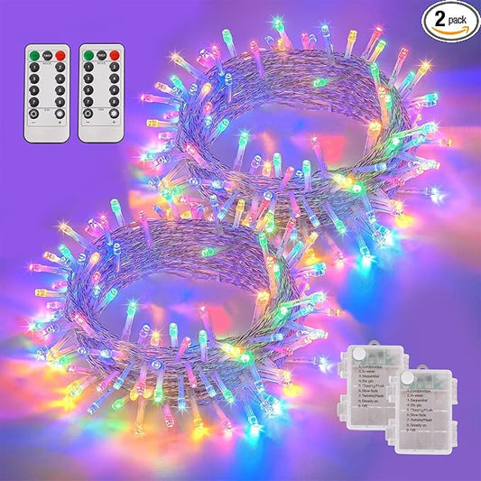 YEGUO Battery Operated String Lights, 2 Pack Each 33ft 100 LED Twinkle Fairy Lights Outdoor Waterproof, 8 Modes Clear Wire Multicolor Christmas Lights Indoor with Remote