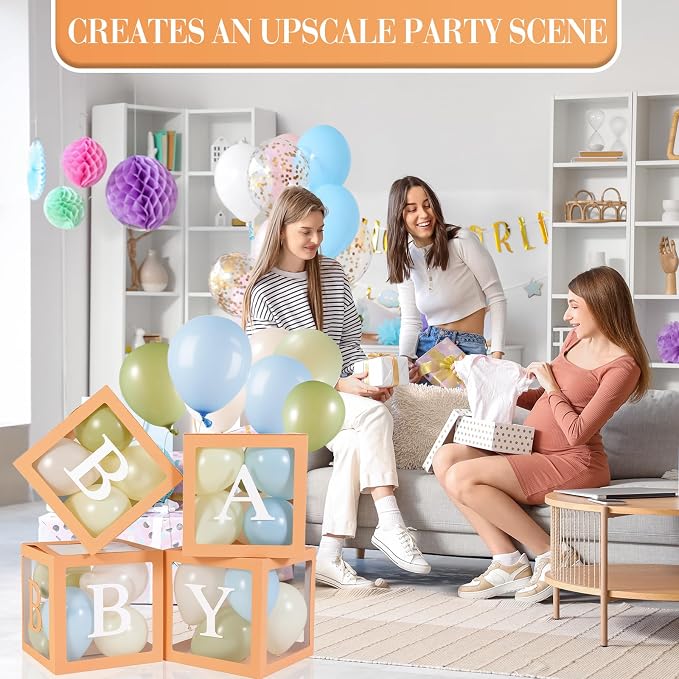 Zhanmai Baby Boxes for Bear Baby Shower Decoration with 4 Letters 36 Balloons 4 Transparent Clear Balloon Box Blocks for Boy Girl Balloon Boxes Gender Reveal Party Favors (Green,Yellow,Blue,White)
