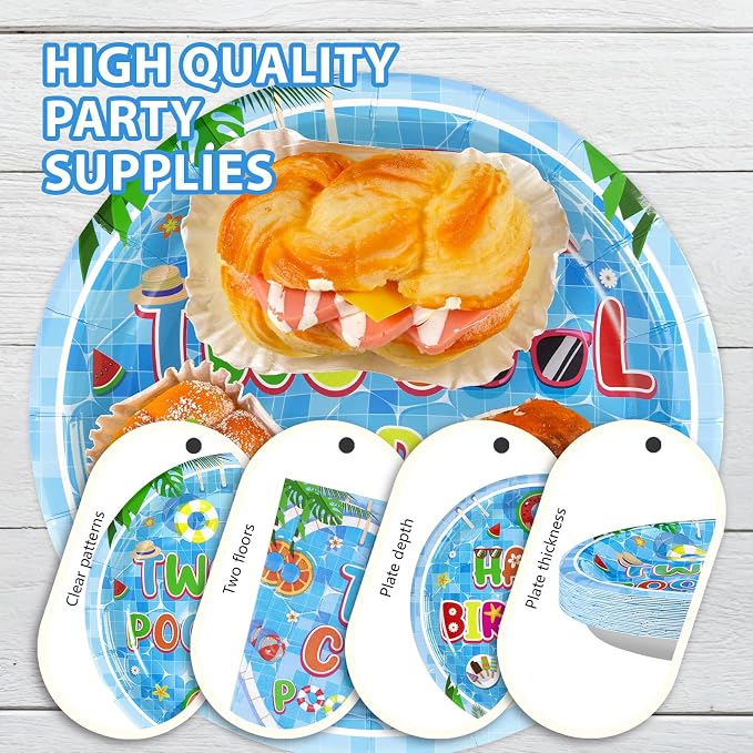 96Pcs Two Cool Pool Birthday Party Decorations Summer Swimming 2nd Party Plates Disposable Beach 2nd Birthday Tableware for Summer Beach Pool Swimming Kids 2 Years Old Hawaiian Decor, Serves 24
