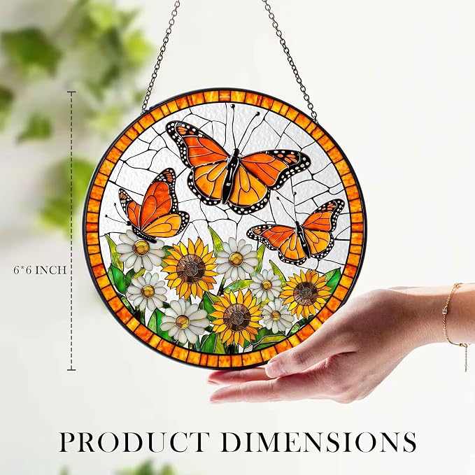 Daisy and Butterfly Stained Glass Suncatcher for Window – Monarch Butterfly Sunflower Daisy Round Sun Catcher 6x6 Inch – Gift for Butterfly Lovers Women Home Decor Hanging Decoration