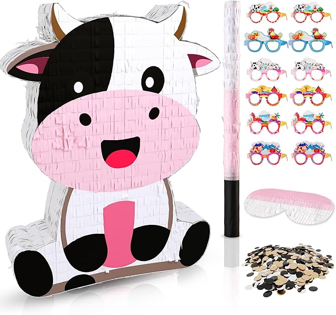 Cute Cow Piñata for Birthday Girls and Boys, Pink Cow Piñata Includes 12pcs Paper Glasses, Blindfold, Stick, and Confetti, Perfect Farm Animal Themed Party Decorations (16 x 13 x 3.5 Inch)