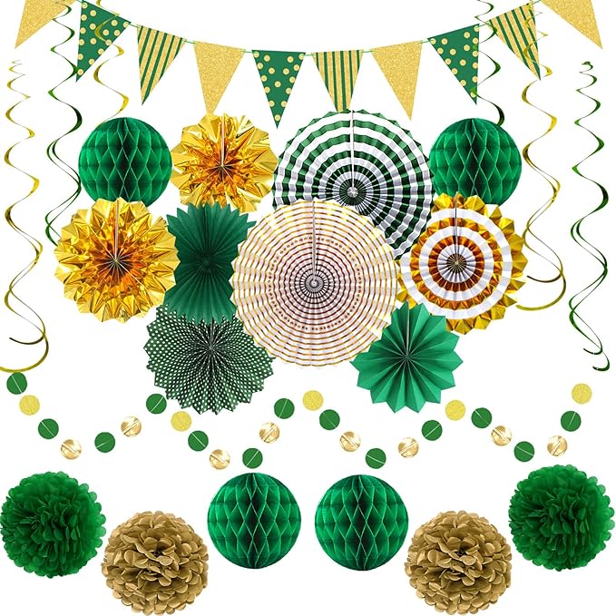 Green Gold Party Decorations, Graduation Season Hanging Glitter Triangle Flags Banner Paper Fan Tissue Pom Poms Garlands, St. Patrick's Day, Bridal Shower, Green Master Golf Themed Birthday