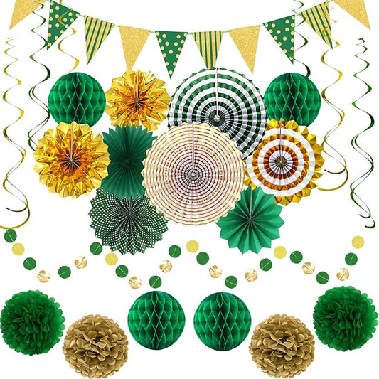 Green Gold Party Decorations, Graduation Season Hanging Glitter Triangle Flags Banner Paper Fan Tissue Pom Poms Garlands, St. Patrick's Day, Bridal Shower, Green Master Golf Themed Birthday