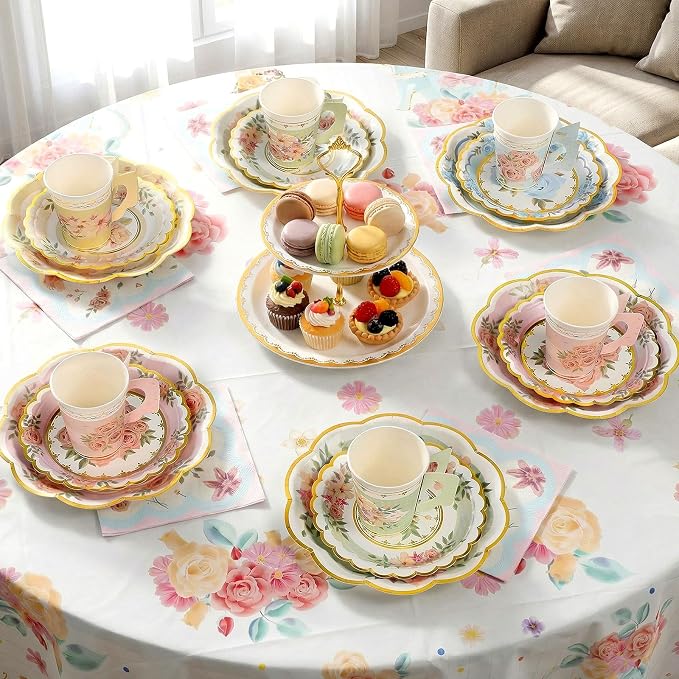 Yungyan 193 Pcs 48 Guests Tea Birthday Party Supplies Disposable Tableware Set 9 oz Paper Tea Cups with Handle 7" 9" Paper Plates Napkin Tablecloth for Floral Party Wedding Baby Shower (Sweet Style)
