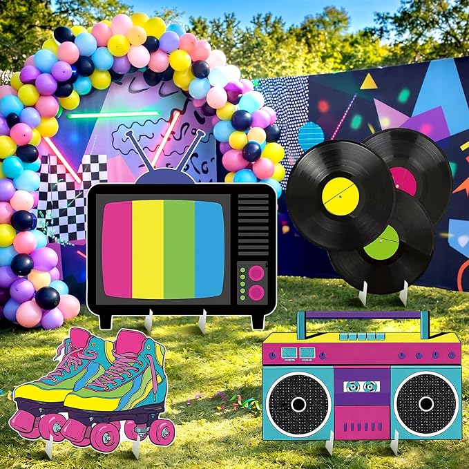4 Pcs Large 80s Birthday Party Decoration, 23.62 Inch 1980s 90s Party Cardboard Cutout Retro Birthday Decoration for Themed Lawn Classroom Tv, Roller Skates, Radio, Records Yard Decor