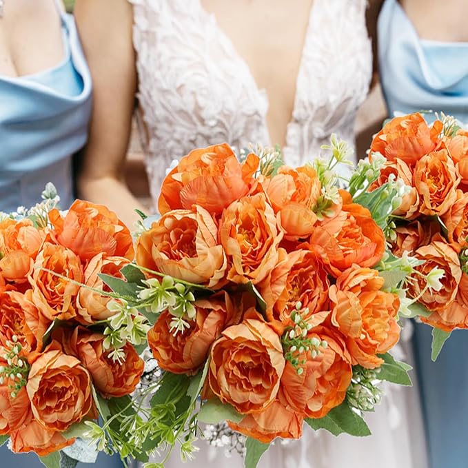 12 Packs Fall Peonies Artificial Flowers, Faux Peony Bouquet Silk Peonies Flowers for Centerpiece Table Wedding Party Home Decor (Orange)