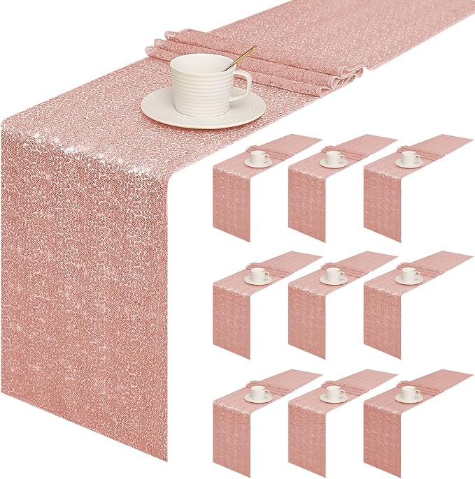 Sugargirl 10 Packs 12 x 72 inches Sequin Table Runner, Glitter Rose Gold Table Runner for Birthday Party Supplies Wedding Holiday Celebration Event Decorations
