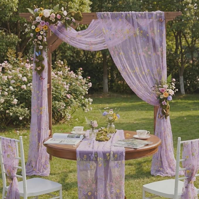 Purple Floral Table Runner 10ft Embroidery Tulle Spring Wildflower Gauze Table Runner Seasonal Summer Butterfly Kitchen Dining Decoration for Wedding Baby Shower Birthday Party (6 Pcs)